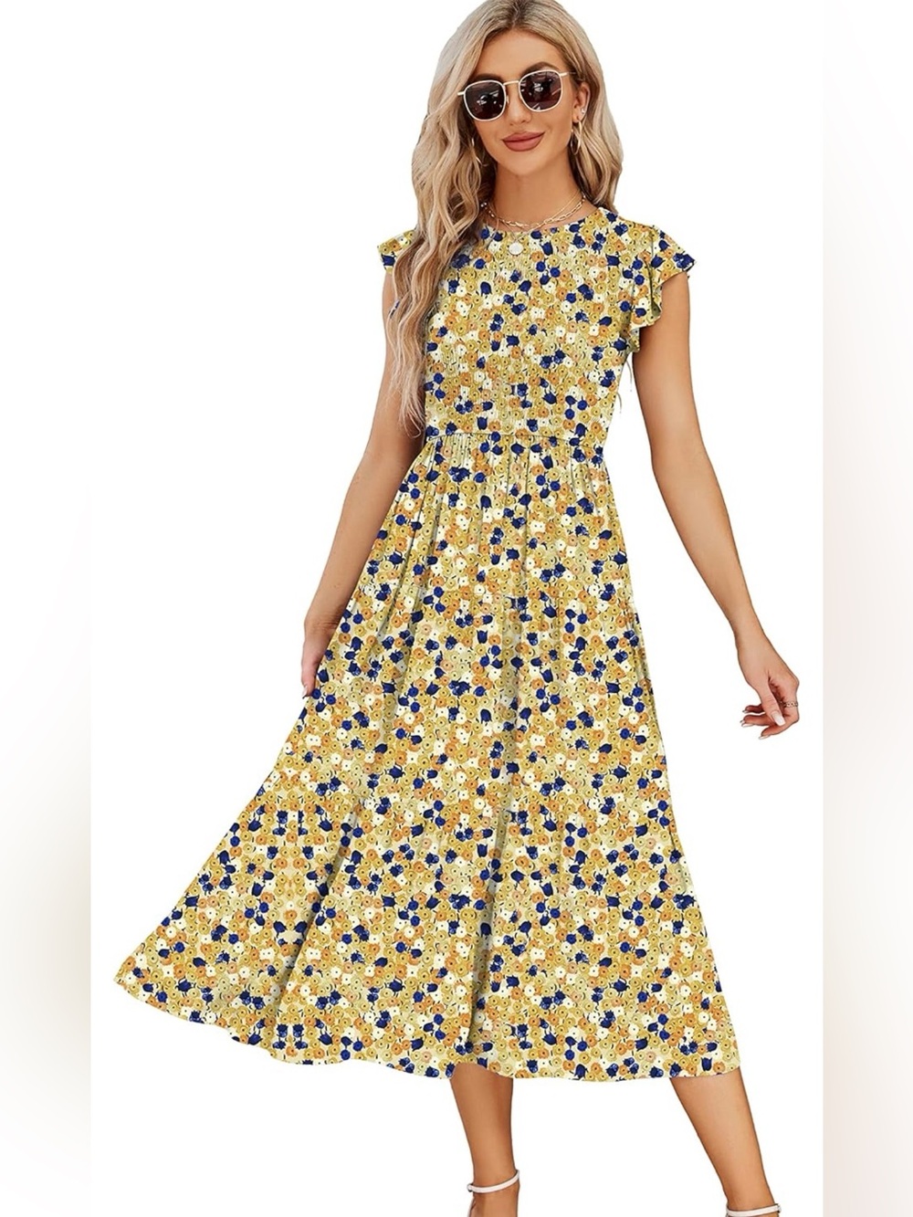 JASPAL Women’s Casual Smocked Midi Dress Yellow Floral with Blue Accents